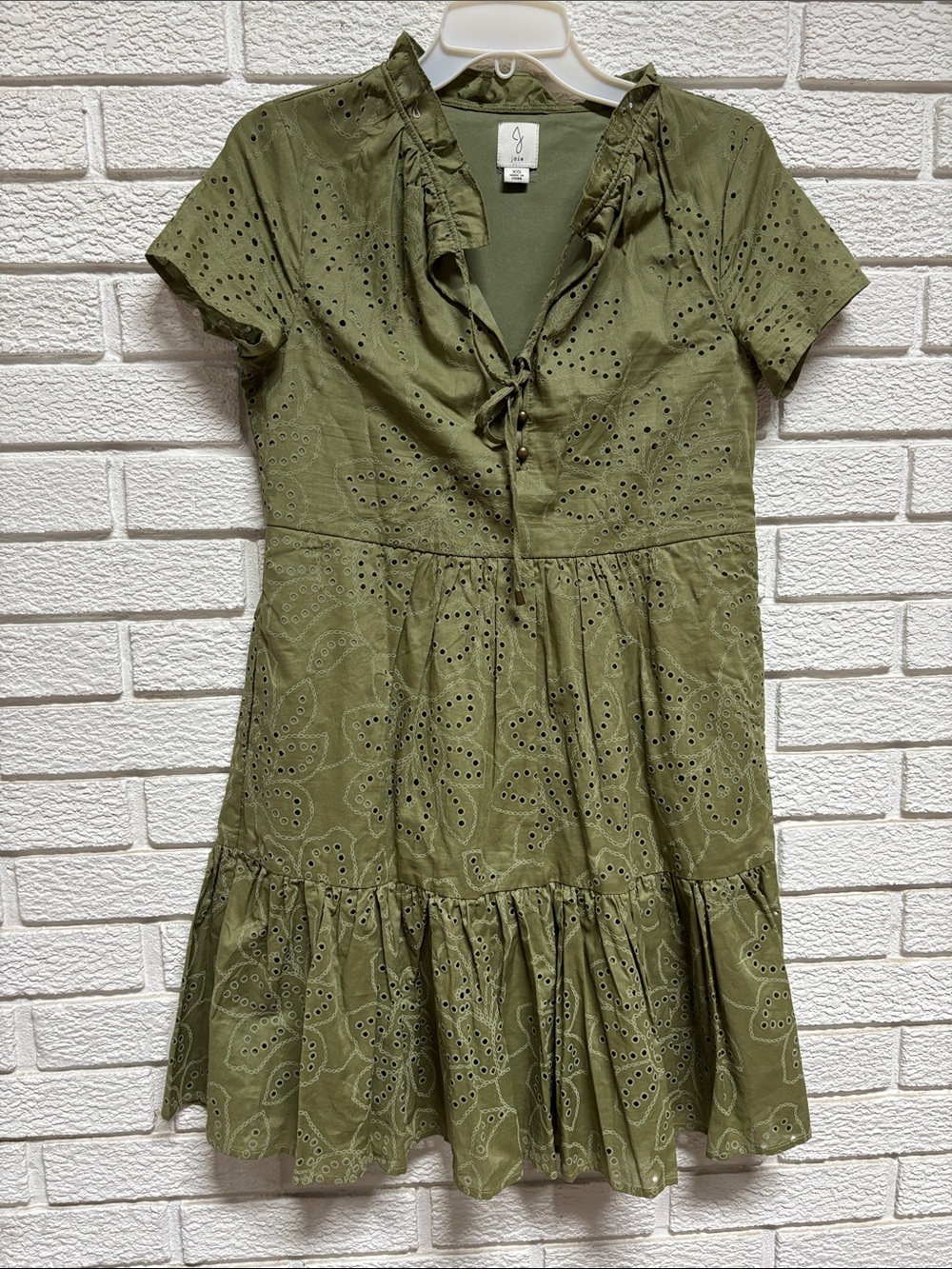 Eyelet Tie-Front Ruffle Dress in Olive Green